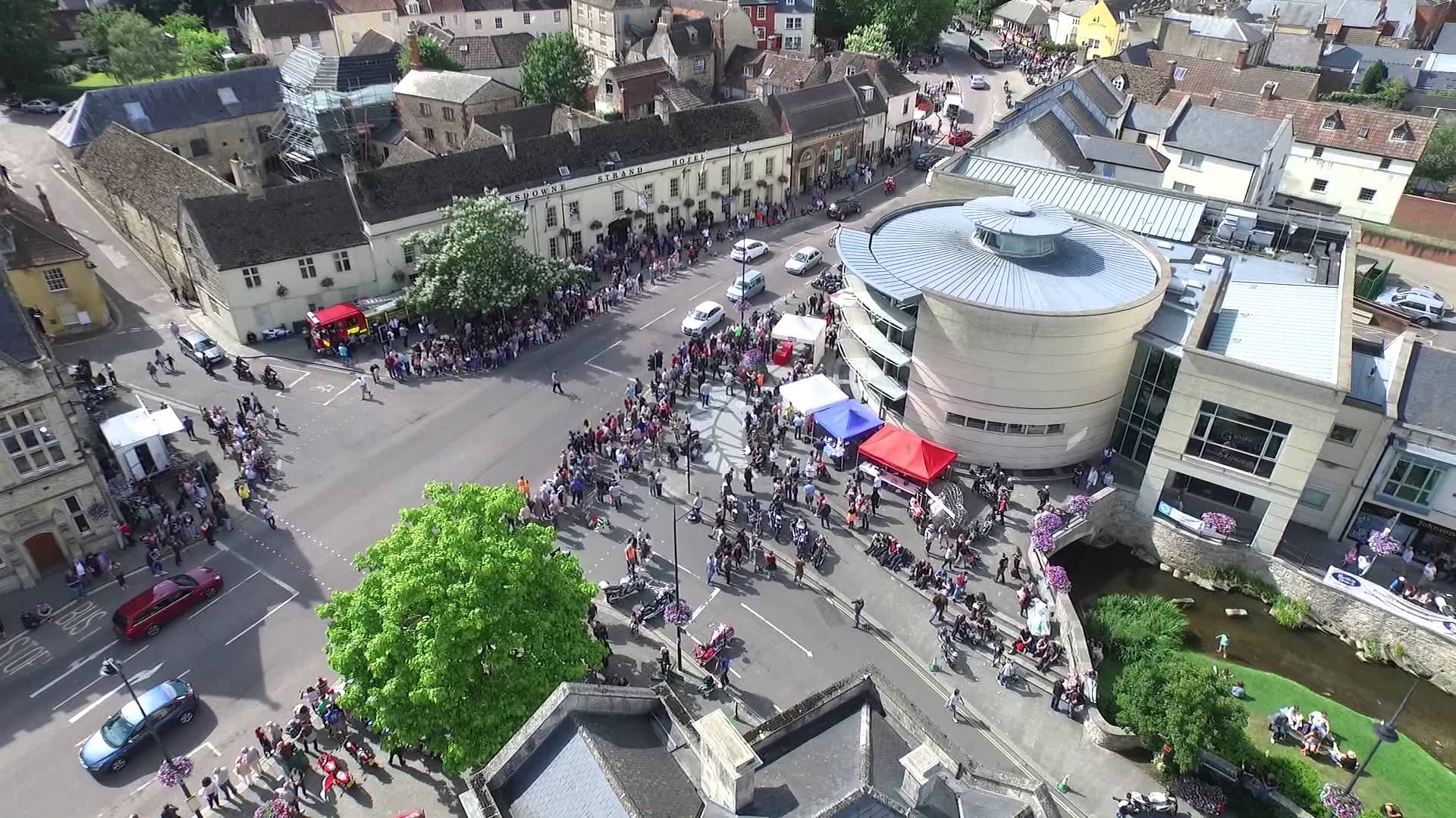 Aerial view of the town centre during bike meet