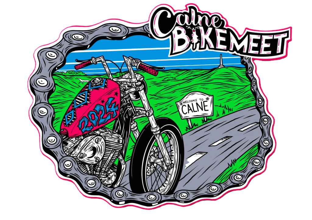 Calne Bike Meet 2024 Event Logo featuring a red bike riding past green fields to Calne.