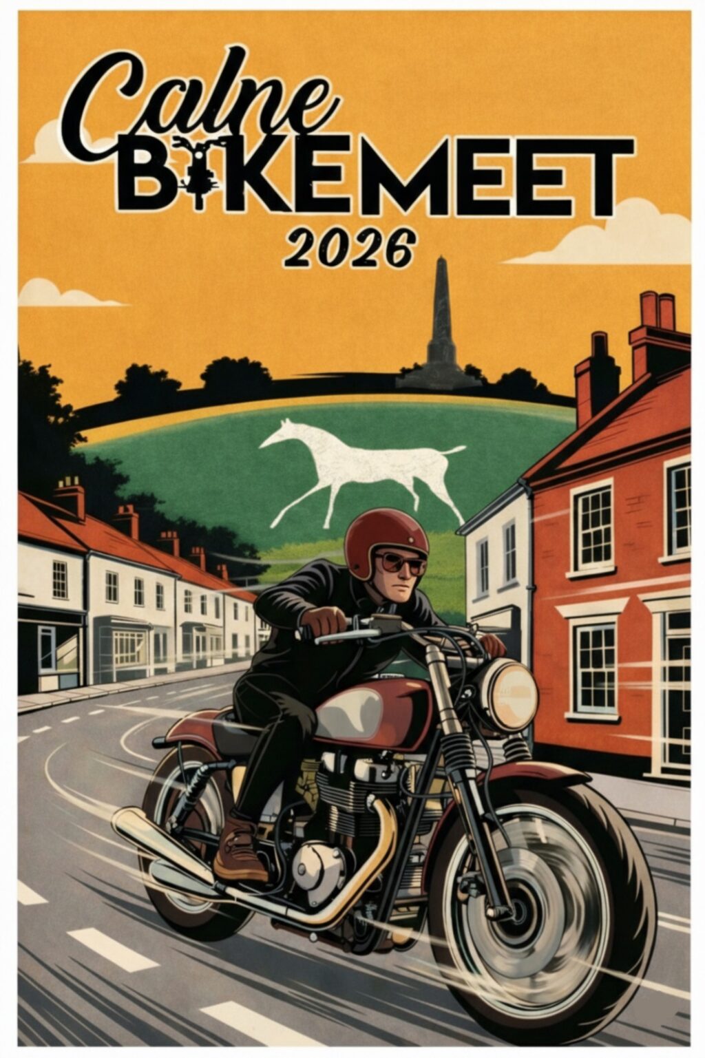 Motorcyclist on a motorbike going past an image featuring the Cherhill white horse and monument.